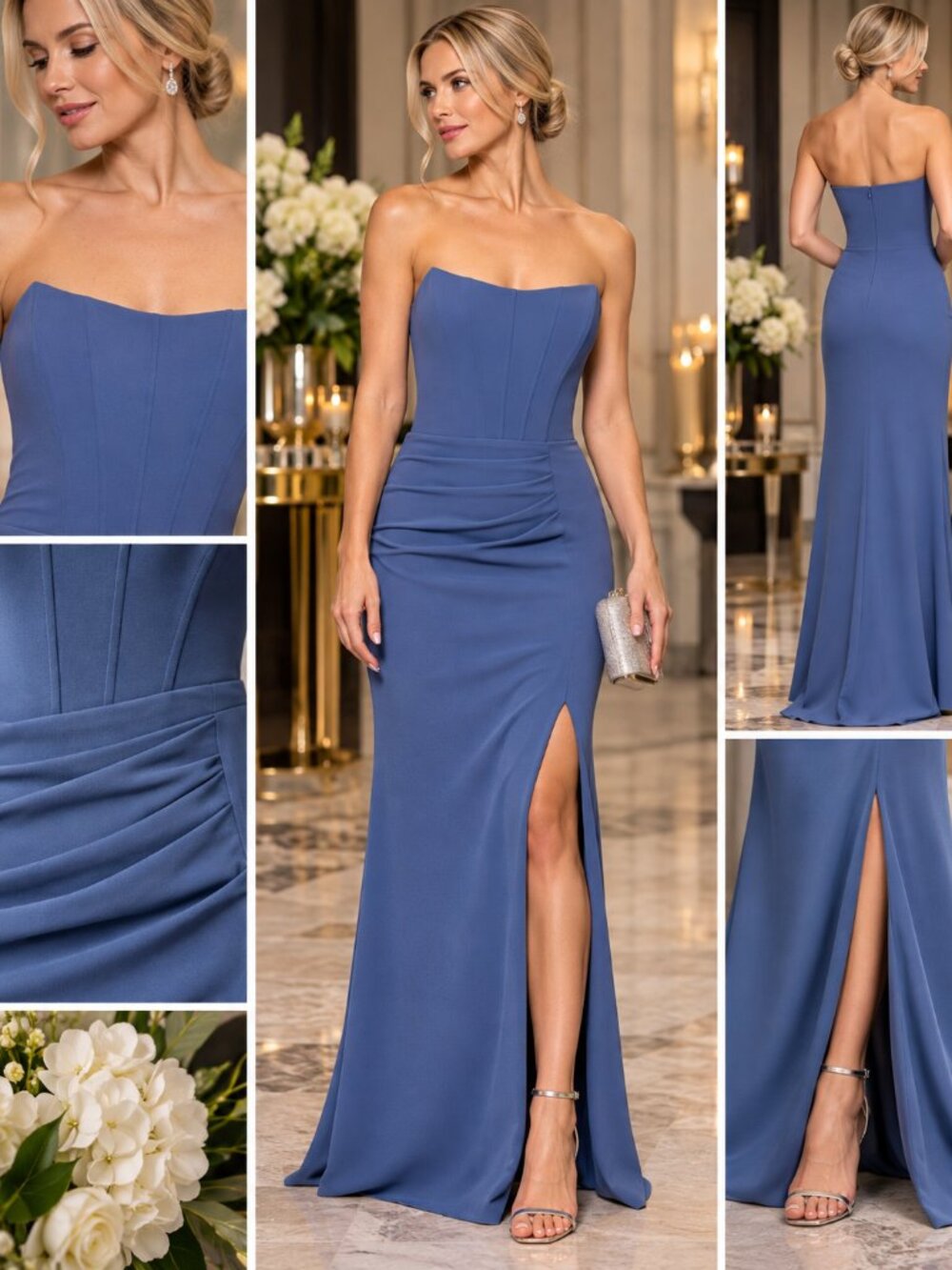 BA by Betsy & Adam Slate Blue Strapless Corset Ruched Slit Formal Gown 14 NWT